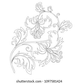 vector outline drawing of vintage fantasy flower for coloring and decoration, black and white contour of oriental flower with ornaments for design