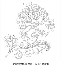 vector outline drawing of vintage fantasy flower for coloring and decoration, black and white contour of oriental flower with ornaments for design