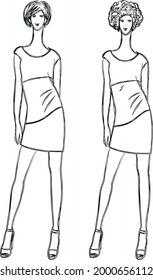 Vector outline drawings of young slim women in summer dresses