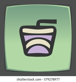 Vector outline drink in a paper cup with a cocktail straw icon on green flat square plate. Elements for mobile concepts and web apps. Modern infographic logo and pictogram.