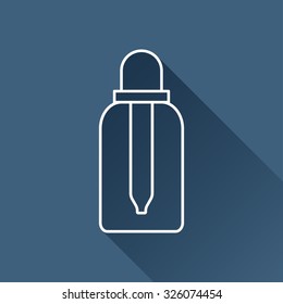 Vector outline dropper bottle on dark blue background with long shadow. Health icon 
