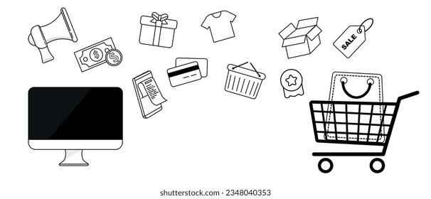 Vector Outline E commerce Concept Banner Design. E-commerce infographics background. Business concept. Outline Marketing Icons Set. E- marketing vector design with elements or Banner, Poster Design.