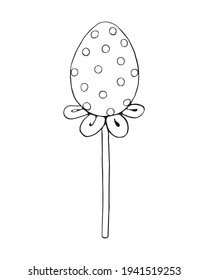 Vector outline egg shape lollipop on stick. Hand drawn contour doodle clip art. For Easter, confectionery decoration, food illustration. Template for creativity