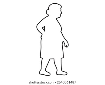 Vector outline of elderly woman walking in profile view with hand on lower back, isolated on white background. Concept of senior mobility, aging body, human outline, minimal art.