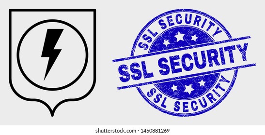 Vector outline electric shield pictogram and SSL Security stamp. Blue rounded grunge stamp with SSL Security title. Black isolated electric shield icon in outline style.