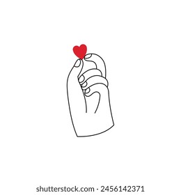 Vector outline emblem or logo with gesture and heart shape symbol. Hand made or hand crafted label and badge in linear trendy style