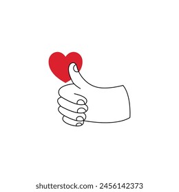 Vector outline emblem or logo with gesture and heart shape symbol. Hand made or hand crafted label and badge in linear trendy style