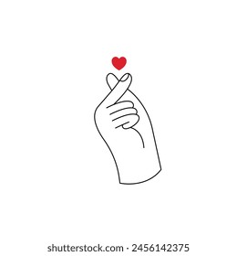 Vector outline emblem or logo with gesture and heart shape symbol. Hand made or hand crafted label and badge in linear trendy style