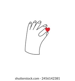 Vector outline emblem or logo with gesture and heart shape symbol. Hand made or hand crafted label and badge in linear trendy style