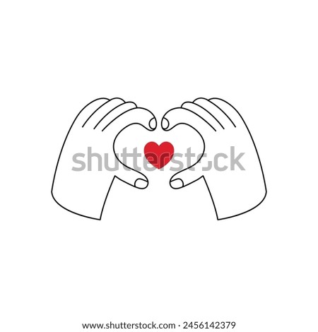 Vector outline emblem or logo with gesture and heart shape symbol. Hand made or hand crafted label and badge in linear trendy style