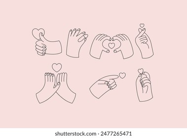 Vector outline emblems or logos with different gestures and heart shapes symbol. Hand made or hand crafted labels and badges in linear trendy style