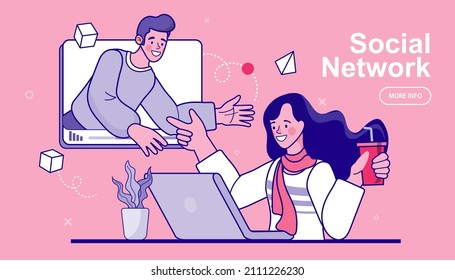 Vector outline employee talk on video call on computer with diverse colleagues. Online work from home meeting. Vector Illustrations flat design concept video conference. EPS10.