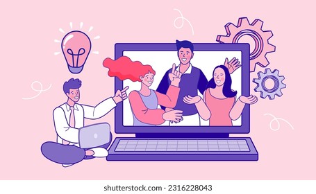 vector outline employee talk on video call with diverse colleagues. video conferencing at home men having video call meeting with clients at home. group of people cheerful communicating online.
