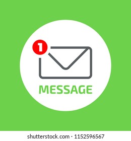 Vector outline envelope flat illustration with new messages counter in red circle. New message business icon. Green background. 