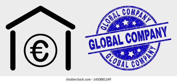 Vector outline euro bank pictogram and Global Company watermark. Blue round textured watermark with Global Company caption. Black isolated euro bank pictogram in outline style.