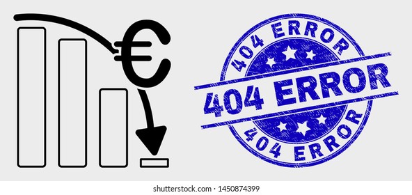 Vector outline euro crisis chart icon and 404 Error stamp. Blue rounded textured seal stamp with 404 Error caption. Black isolated euro crisis chart symbol in outline style.