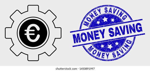 Vector outline euro gear icon and Money Saving seal stamp. Blue rounded distress seal stamp with Money Saving title. Black isolated euro gear symbol in outline style.