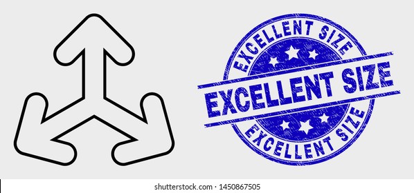 Vector outline expand arrows icon and Excellent Size watermark. Blue rounded textured stamp with Excellent Size message. Black isolated expand arrows icon in outline style.