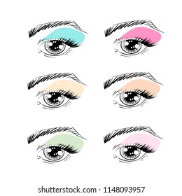 Vector outline eyes with brows, eye lashes and eye shadows for poster, banner, logo, icon. Template for testing makeup colors, any business concept, makeup artist, beauty salon, cosmetic label, visage