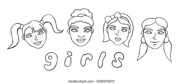 Vector outline face people. Hand drawn line art illustration. Heads of a girls, women in the style of a Doodle, isolated on a white background. Different and beautiful