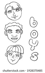Vector outline face people. Hand drawn line art illustration. Heads of a men, boys in the style of a Doodle, isolated on a white background. Different and beautiful