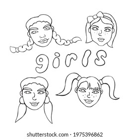 Vector outline face people. Hand drawn line art illustration. Heads of a girls, women in the style of a Doodle, isolated on a white background. Different and beautiful