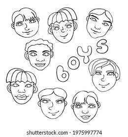 Vector outline face people. Hand drawn line art illustration. Heads of a men, boys in the style of a Doodle, isolated on a white background. Different and beautiful
