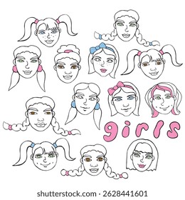 Contorno vetorial face people. Ilustração de arte desenhada à mão. Cabeças de meninas, mulheres no estilo de um Doodle, isolado em um fundo branco. Diferente e bonito.