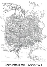 Vector outline fantasy landscape, fairy tale small town on the hill, angels carrying the human soul, vampire bats, mermaids, witches, crows flying. Black and white T shirt print, Adults Coloring Book