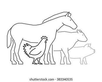 Vector outline farm animals on a white background. Black line logo for farmers market. Farm animals logo. Linear horse, pig, cow, chicken.