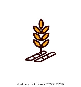 Vector Outline Farm Wheat with Soil Icon. Whole Grain Line Symbol Illustration for Organic Eco Business, Farming, Beer, Bakery. Gluten Free Logo.