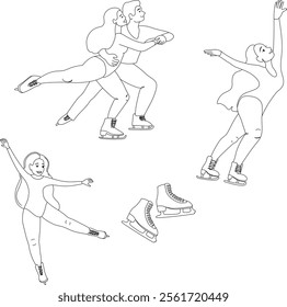 A vector outline of figure skating poses featuring a pair performing a lift, solo skaters in expressive positions, and a detailed outline of an ice skate. Minimalist black linework emphasizes motion.