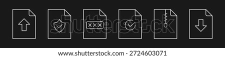 Vector Outline File Management Icon Set Featuring Upload, Secure Shield, Password Protected, Verified Checkmark, Compressed Zip, and Download Document Symbols