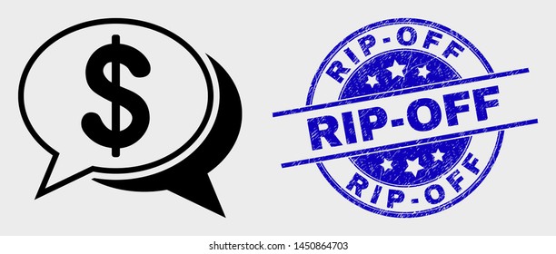 Vector outline financial chat messages icon and Rip-Off seal stamp. Blue round grunge seal stamp with Rip-Off caption. Black isolated financial chat messages icon in outline style.