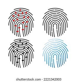 Vector outline fingerprint icon. Single thumbprint hand sign with dashed line and match marks. Biometric identity scan.