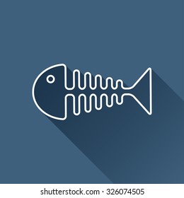 Vector outline fishbone icon on dark blue background with long shadow 