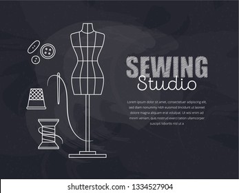 Vector outline flat illustration of sewing studio tools. Banner maded for advertising of atelier and seamstress. Conture illustrations of mannequin, buttons, thimble, reels of thread, needle.