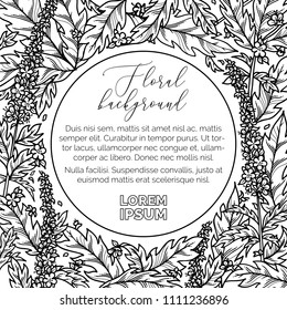 Vector outline floral background. Agrimony. Linear tiny flowers and pinnate leaves on white background. There is copy space for your text in the center. Can be used to colouring book for adults.