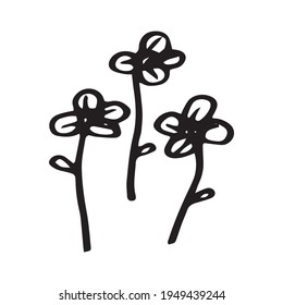 Esquema vectorial, flor y hojas en negro aisladas en fondo blanco.