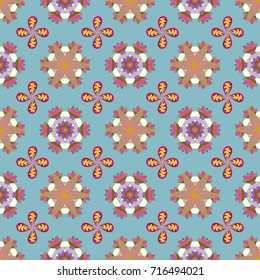 Vector. Outline flowers on blue, neutral and pink colors. Simple floral seamless pattern with small flowers. Elegant decorative ornament for fashion print, scrapbook, wrapping paper, wallpaper.