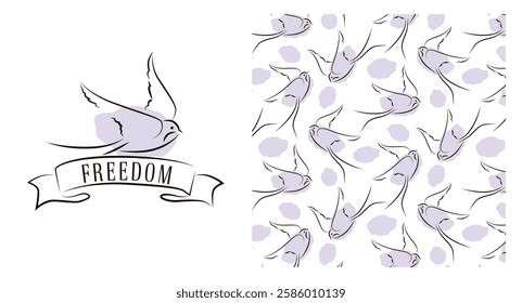 Vector outline of flying swallow and ribbon with freedom lettering. Bird in flight isolated on white background. Pattern with swallow in flight and bright spot. Swallow flying in doodle style.