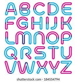 Vector outline font with round and soft strokes. Custom type design. Modern typeface with blended colors.Cyan and magenta