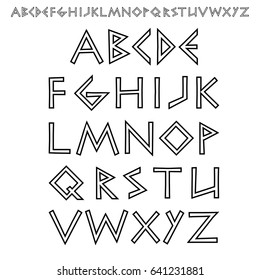 Vector outline font stylized as Ancient Greek writing. Chopped sans serif font. Vector stock.