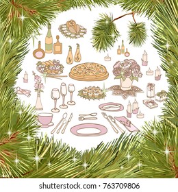 Vector outline in the form of a set for a festive table serving dishes and dishes of chicken, pizza, sauces and snacks with a drink in the frame of spruce branches of a coniferous tree