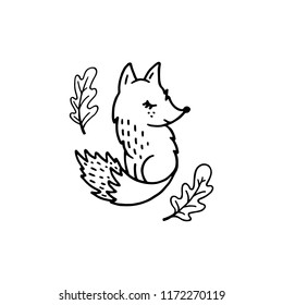 Vector outline fox with autumn oak leaves isolated on white background