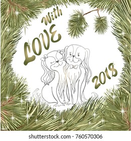 Vector outline, frame Christmas wreath from pine branches, Christmas trees and stars in love pair of spaniels, a dog symbol of New Year 2018, the inscription "with love"