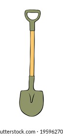 Vector outline garden shovel, spade, scoop. Tools for working on the farm, in the dacha, country site in doodle flat style. Hand-drawn isolated color illustration