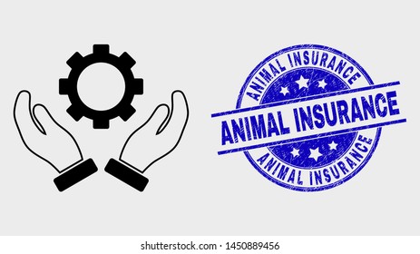 Vector outline gear care hands pictogram and Animal Insurance watermark. Blue rounded grunge watermark with Animal Insurance caption. Black isolated gear care hands pictogram in outline style.