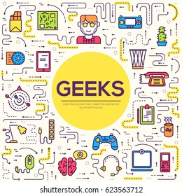 Vector outline it geeks people icons illustrations set. Flat thin line office professional developer around workplace echnology concept
