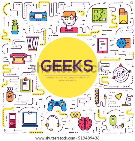 Vector outline it geeks people icons illustrations set. Flat thin line office professional developer around workplace echnology concept Stock photo © 